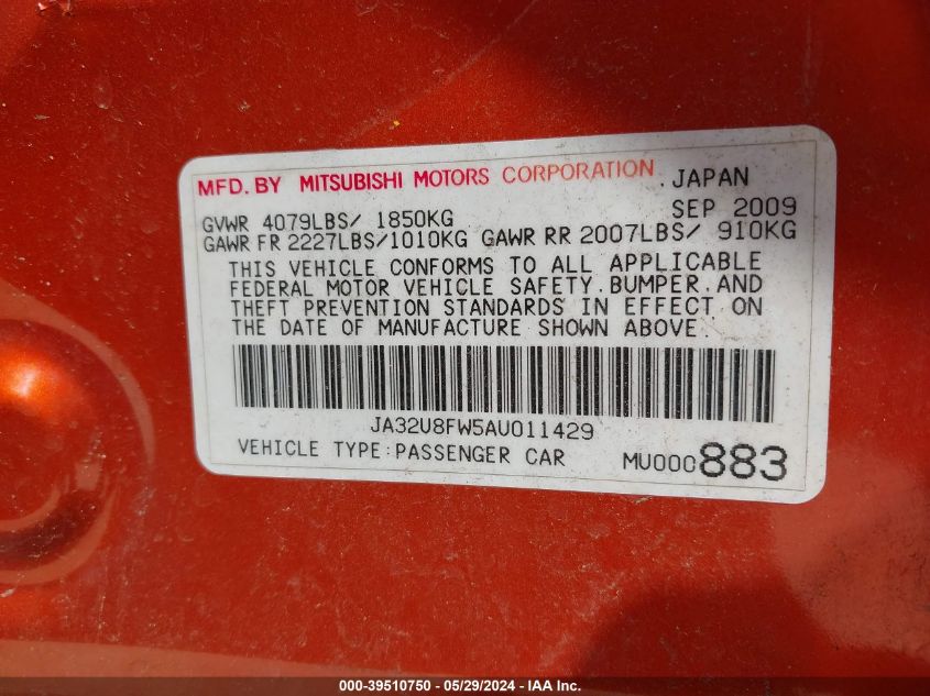 2010 Mitsubishi Lancer Gts VIN: JA32U8FW5AU011429 Lot: 39510750