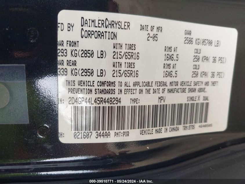 2005 Dodge Grand Caravan Sxt VIN: 2D4GP44L45R448294 Lot: 39510771