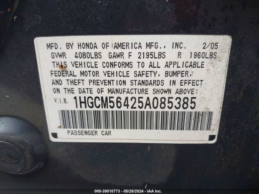 2005 Honda Accord 2.4 Lx VIN: 1HGCM56425A085385 Lot: 39510773