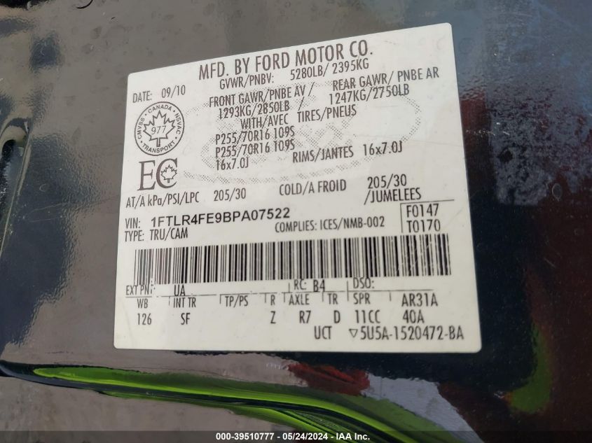 2011 Ford Ranger Sport VIN: 1FTLR4FE9BPA07522 Lot: 39510777