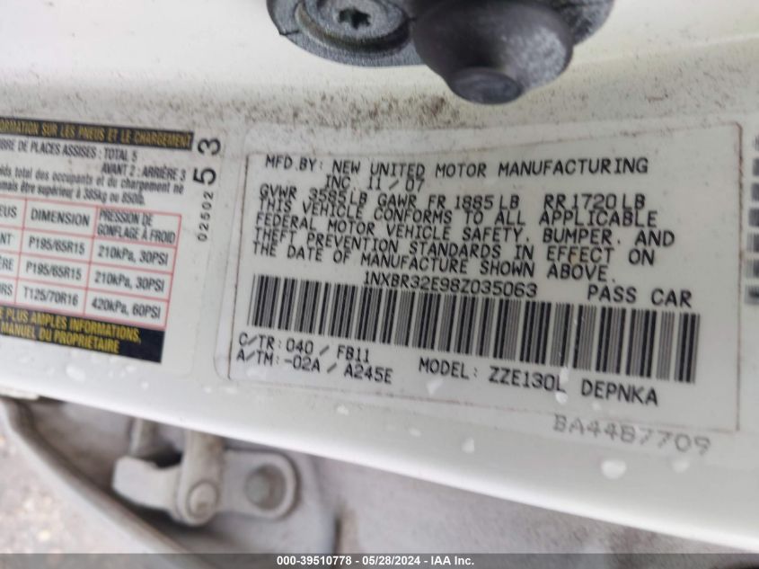 2008 Toyota Corolla Le VIN: 1NXBR32E98Z035063 Lot: 39510778