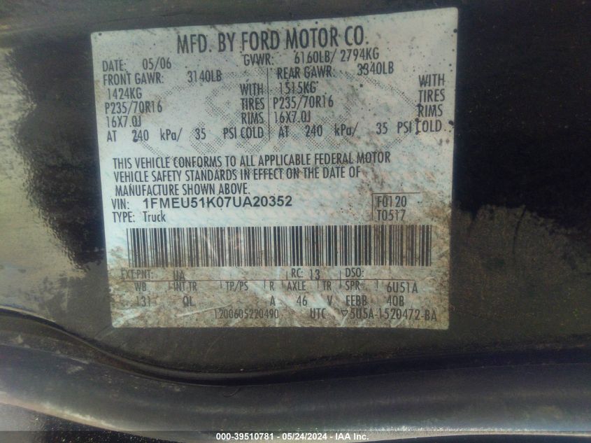 2007 Ford Explorer Sport Trac Xlt VIN: 1FMEU51K07UA20352 Lot: 39510781