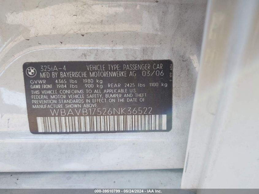 2006 BMW 325I VIN: WBAVB17526NK36522 Lot: 39510799