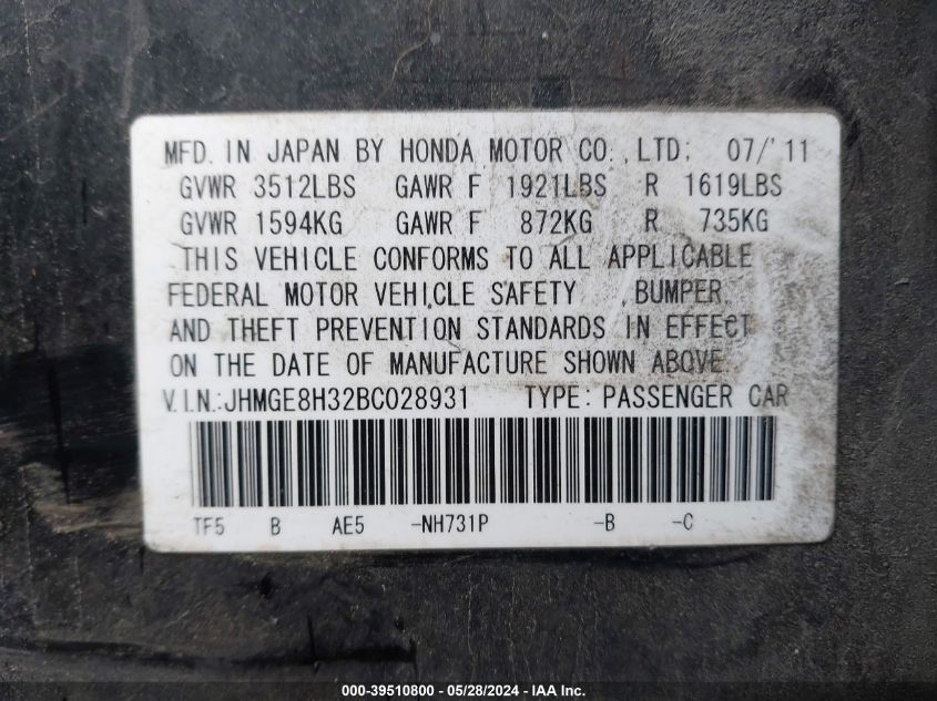 2011 Honda Fit VIN: JHMGE8H32BC028931 Lot: 39510800