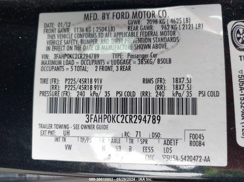 2012 Ford Fusion Sport VIN: 3FAHP0KC2CR294789 Lot: 39510803