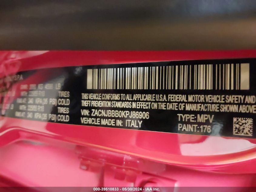 2019 Jeep Renegade Altitude 4X4 VIN: ZACNJBBB0KPJ86906 Lot: 39510833