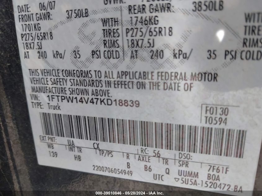 2007 Ford F-150 Fx4/Lariat/Xlt VIN: 1FTPW14V47KD18839 Lot: 39510846