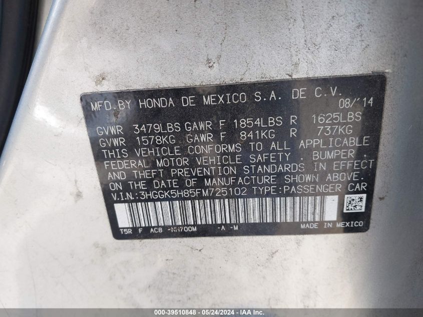 2015 Honda Fit Ex/Ex-L VIN: 3HGGK5H85FM725102 Lot: 39510848