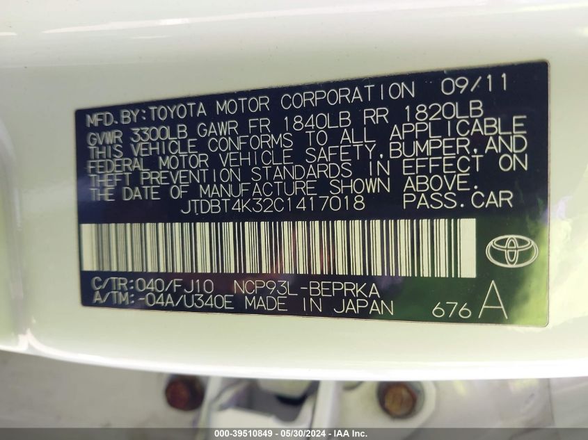 2012 Toyota Yaris VIN: JTDBT4K32C1417018 Lot: 39510849