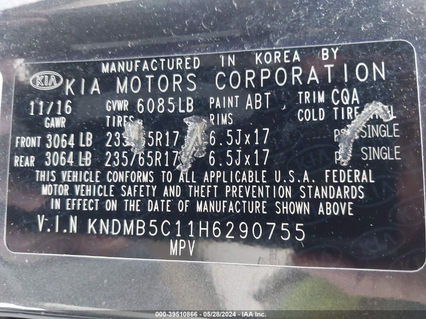 2017 Kia Sedona Lx VIN: KNDMB5C11H6290755 Lot: 39510866