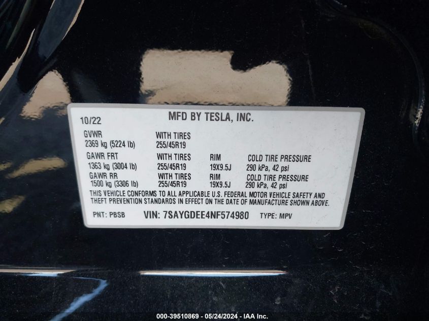 2022 Tesla Model Y Long Range Dual Motor All-Wheel Drive VIN: 7SAYGDEE4NF574980 Lot: 39510869