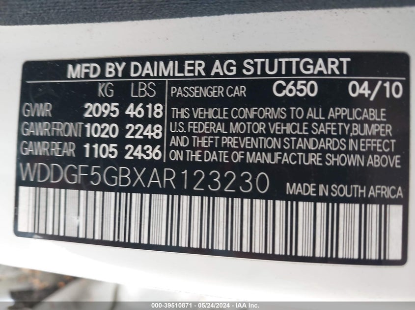 2010 Mercedes-Benz C 350 Sport VIN: WDDGF5GBXAR123230 Lot: 39510871