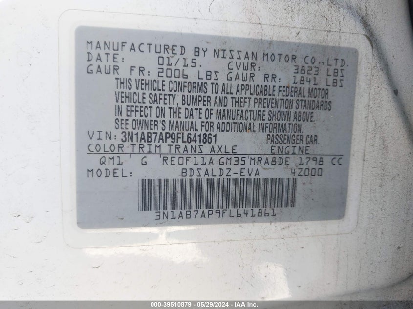 2015 Nissan Sentra Sv VIN: 3N1AB7AP9FL641861 Lot: 39510879