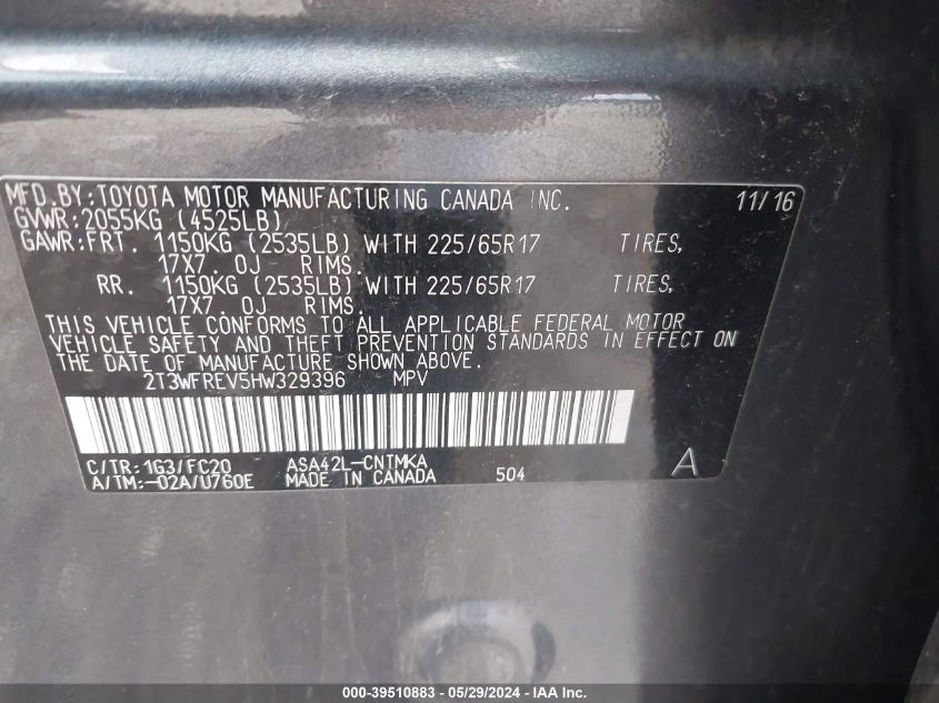 2017 Toyota Rav4 Xle VIN: 2T3WFREV5HW329396 Lot: 39510883