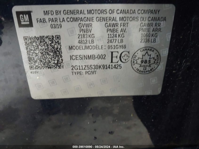 2019 Chevrolet Impala Lt VIN: 2G11Z5S30K9141425 Lot: 39510890