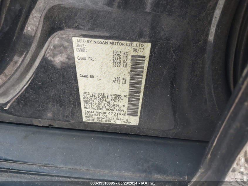 2017 Nissan Altima 2.5 S VIN: 1N4AL3AP1HC277068 Lot: 39510895