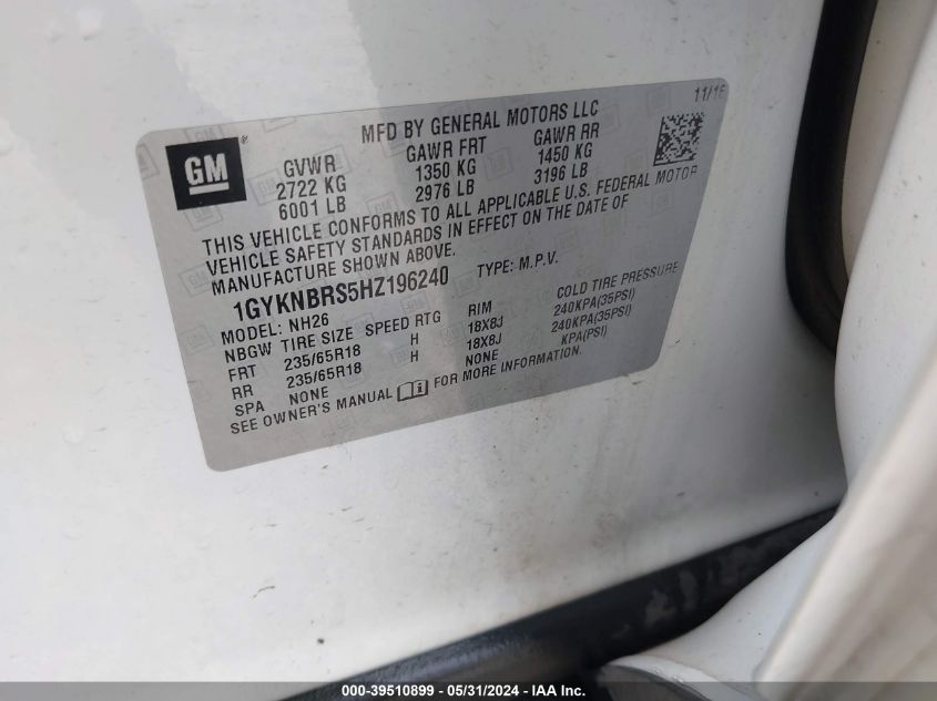 2017 Cadillac Xt5 Luxury VIN: 1GYKNBRS5HZ196240 Lot: 39510899