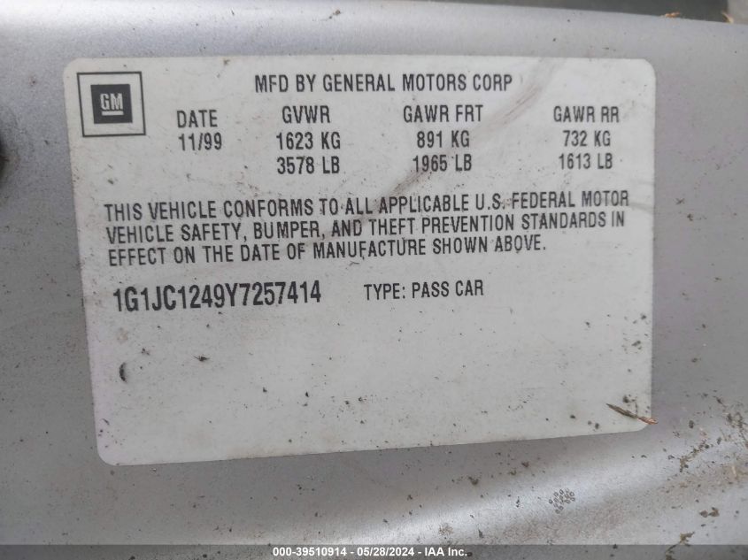 2000 Chevrolet Cavalier VIN: 1G1JC1249Y7257414 Lot: 39510914