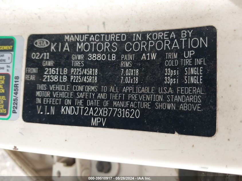 2011 Kia Soul ! VIN: KNDJT2A2XB7731620 Lot: 39510917