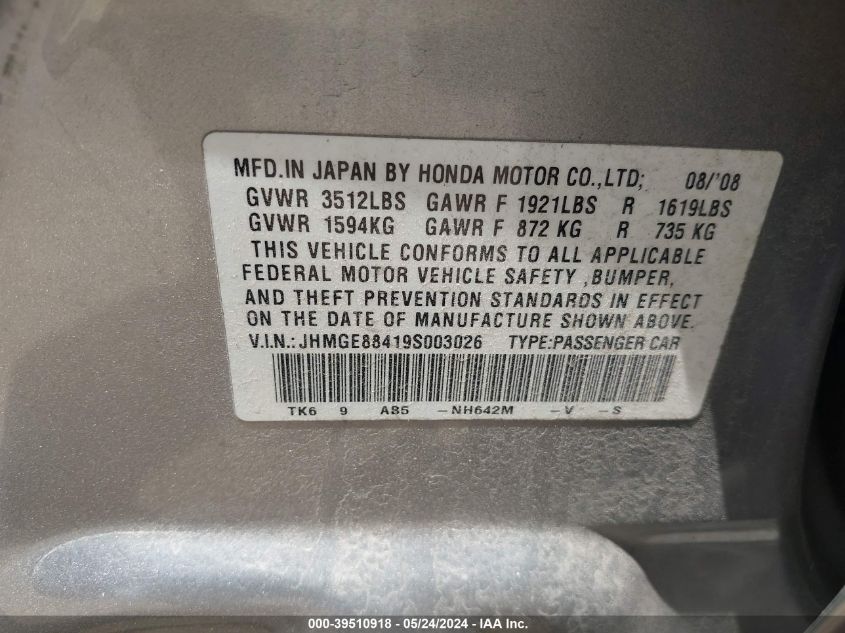 2009 Honda Fit Sport VIN: JHMGE88419S003026 Lot: 39510918