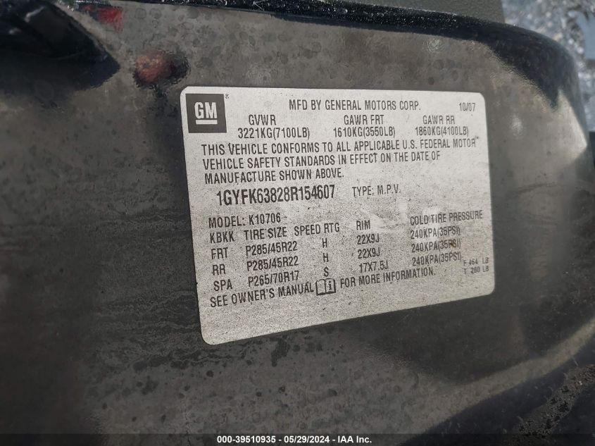 2008 Cadillac Escalade Standard VIN: 1GYFK63828R154607 Lot: 39510935
