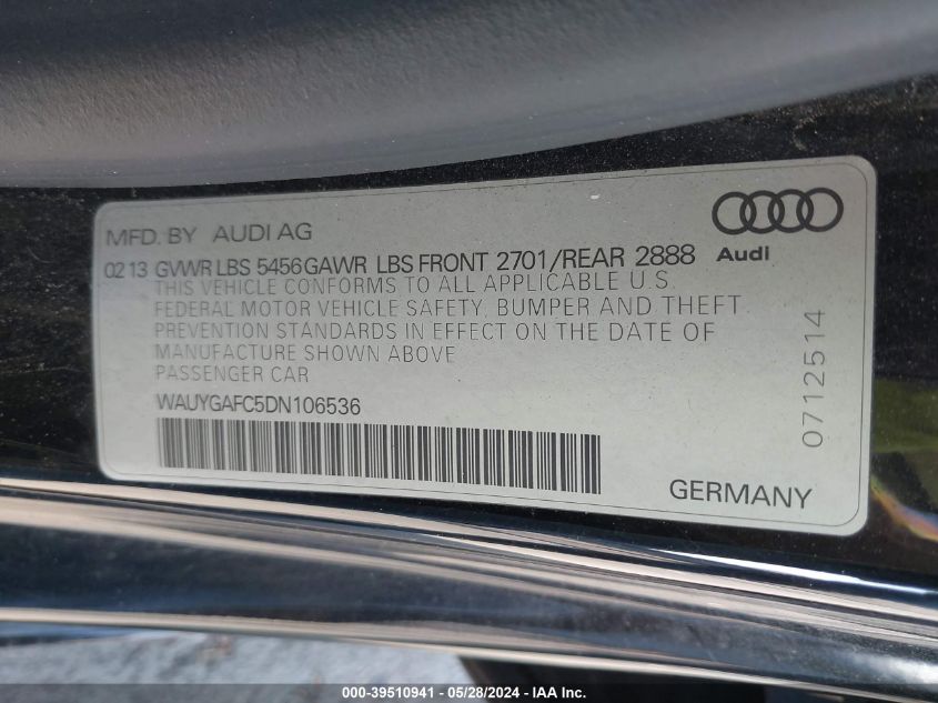 2013 Audi A7 3.0T Premium VIN: WAUYGAFC5DN106536 Lot: 39510941