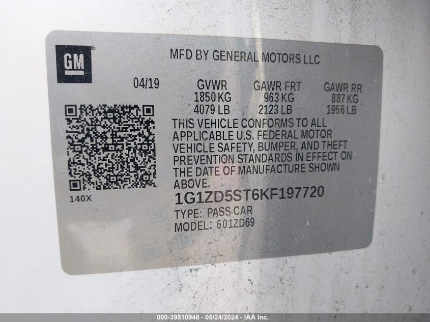 2019 Chevrolet Malibu Lt VIN: 1G1ZD5ST6KF197720 Lot: 39510948