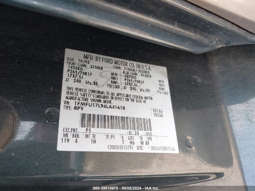 2004 Ford Expedition Eddie Bauer VIN: 1FMFU17L94LA41618 Lot: 39510975