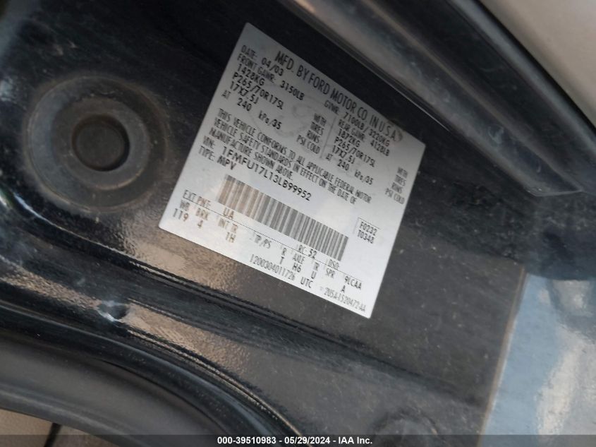 2003 Ford Expedition Eddie Bauer VIN: 1FMFU17L13LB99995 Lot: 39510983