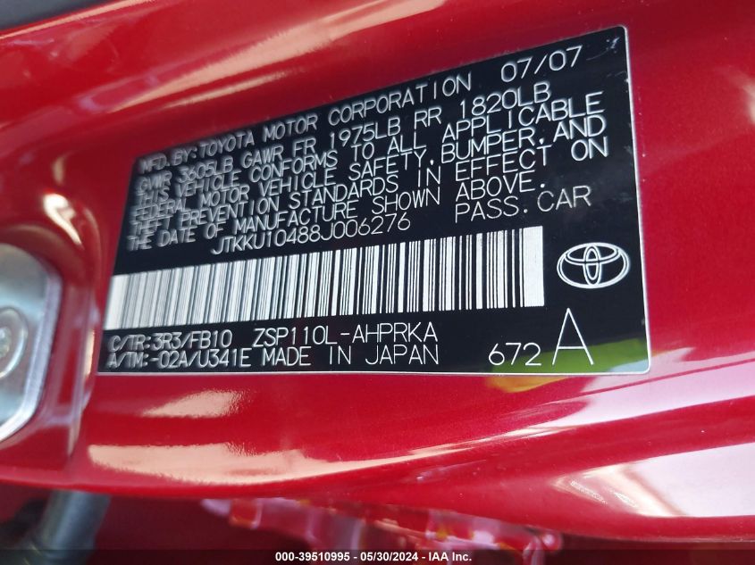 2008 Scion Xd VIN: JTKKU10488J006276 Lot: 39510995