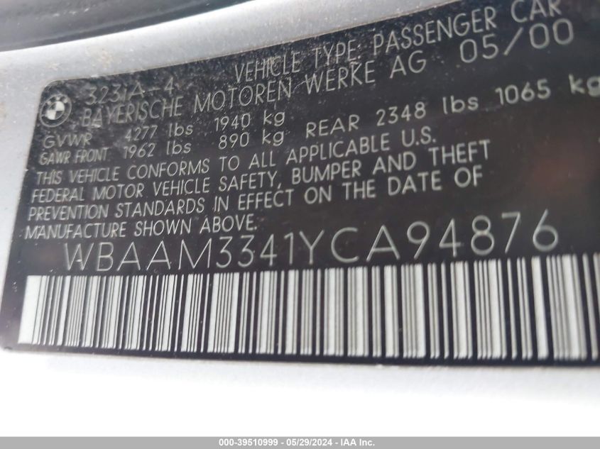 2000 BMW 323I VIN: WBAAM3341YCA94876 Lot: 39510999