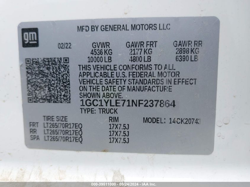 2022 Chevrolet Silverado K2500 Heavy Duty VIN: 1GC1YLE71NF23786 Lot: 39511000