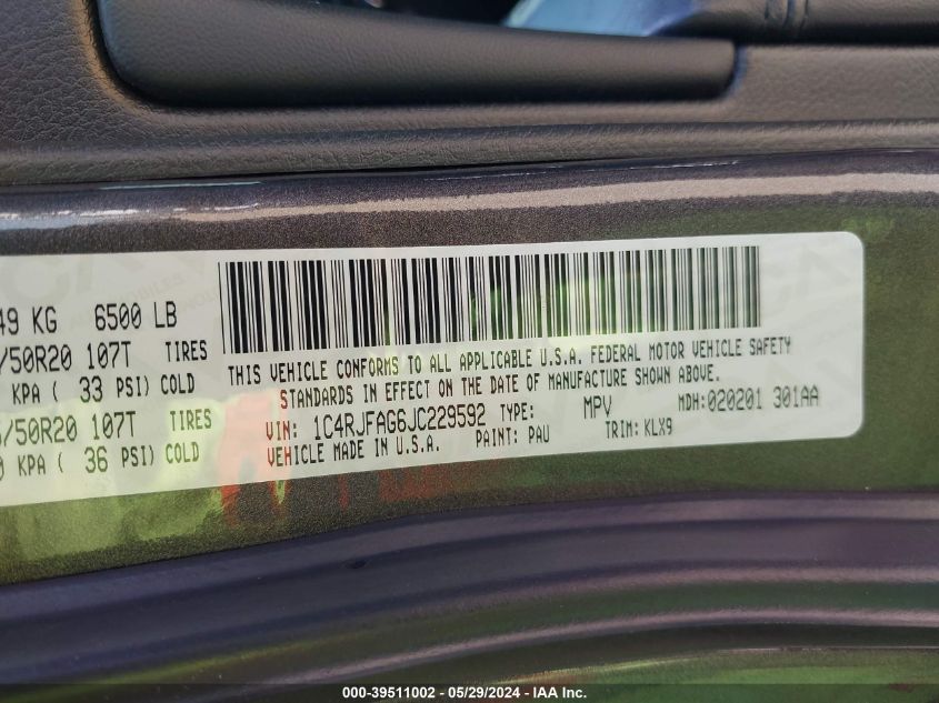 2018 Jeep Grand Cherokee Altitude 4X4 VIN: 1C4RJFAG6JC229592 Lot: 39511002