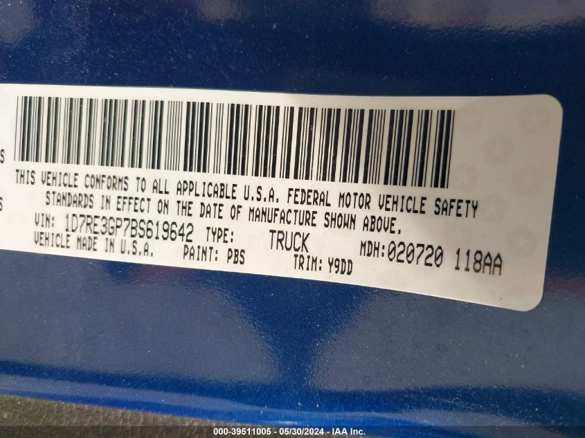 2011 Ram Dakota Bighorn/Lonestar VIN: 1D7RE3GP7BS619642 Lot: 39511005