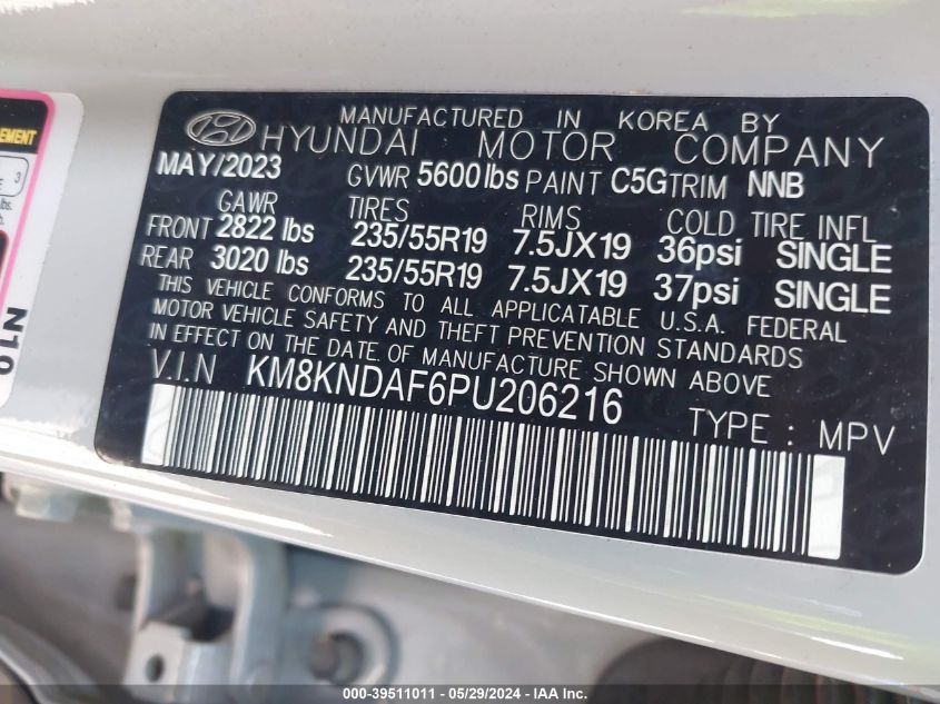 2023 Hyundai Ioniq 5 Sel VIN: KM8KNDAF6PU206216 Lot: 39511011