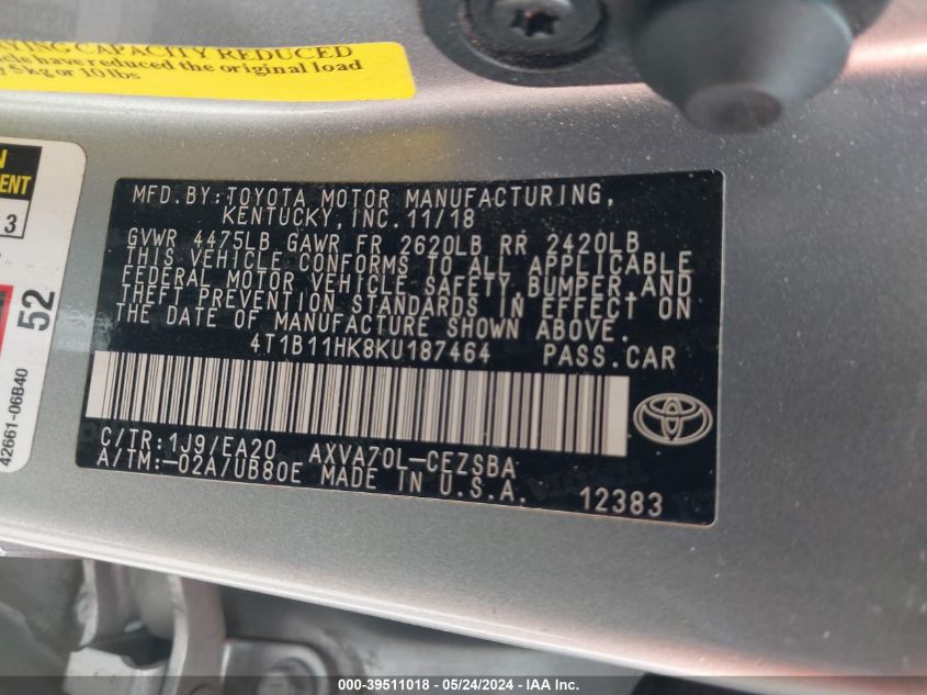 2019 Toyota Camry Se VIN: 4T1B11HK8KU187464 Lot: 39511018