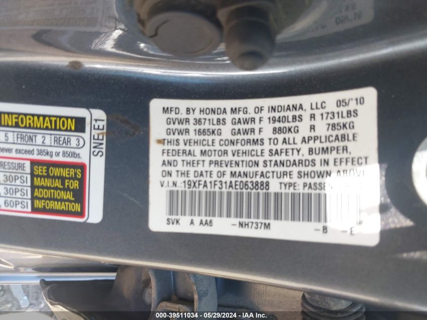 2010 Honda Civic Vp VIN: 19XFA1F31AE063888 Lot: 39511034