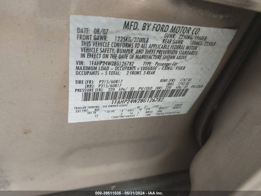 2008 Ford Taurus Sel VIN: 1FAHP24W28G126782 Lot: 39511035