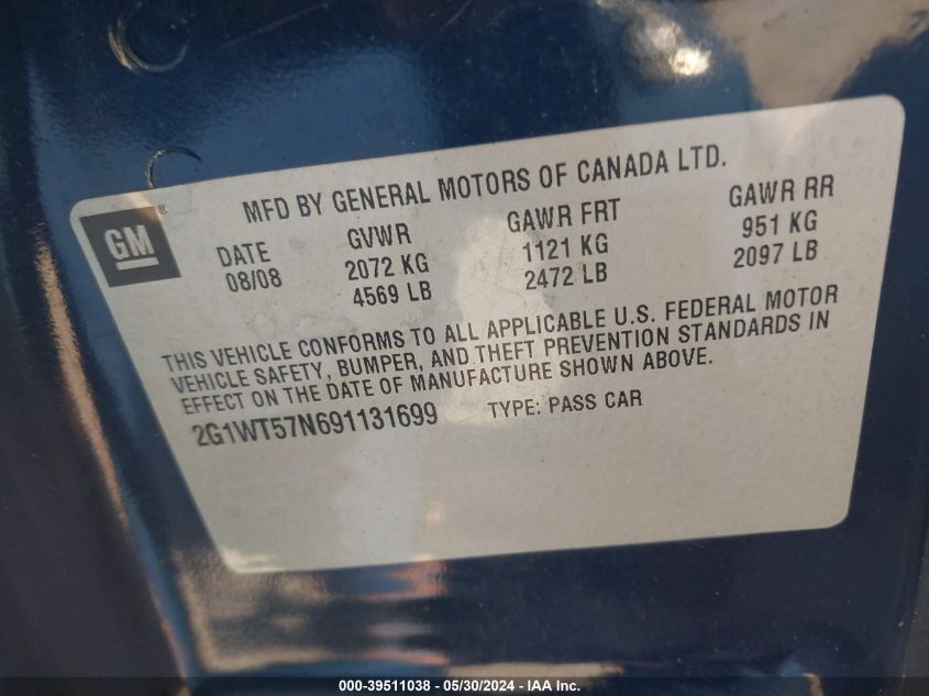 2009 Chevrolet Impala Lt VIN: 2G1WT57N691131699 Lot: 39511038