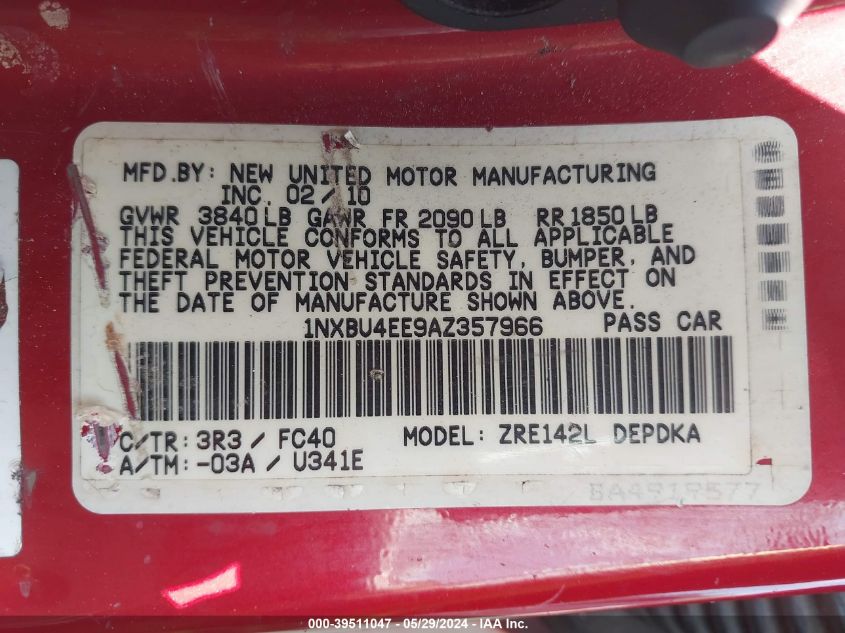 2010 Toyota Corolla Le VIN: 1NXBU4EE9AZ357966 Lot: 39511047