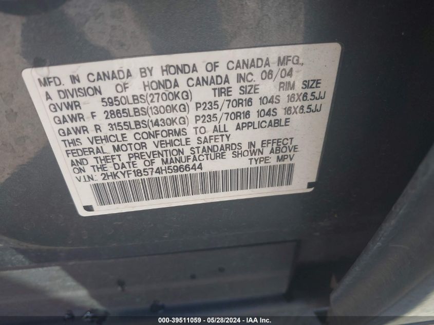 2004 Honda Pilot Exl VIN: 2HKYF18574H596644 Lot: 39511059