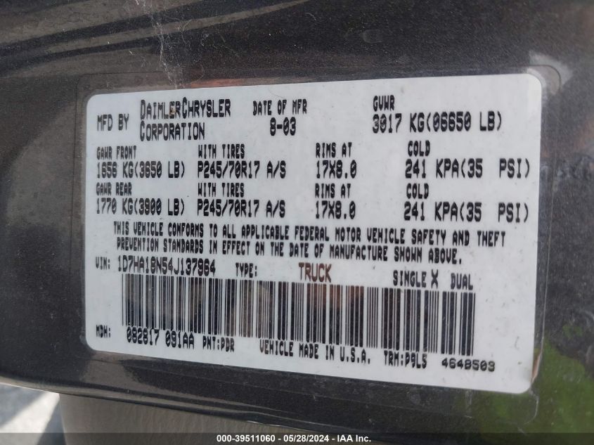 2004 Dodge Ram 1500 St/Slt VIN: 1D7HA18N54J137964 Lot: 39511060