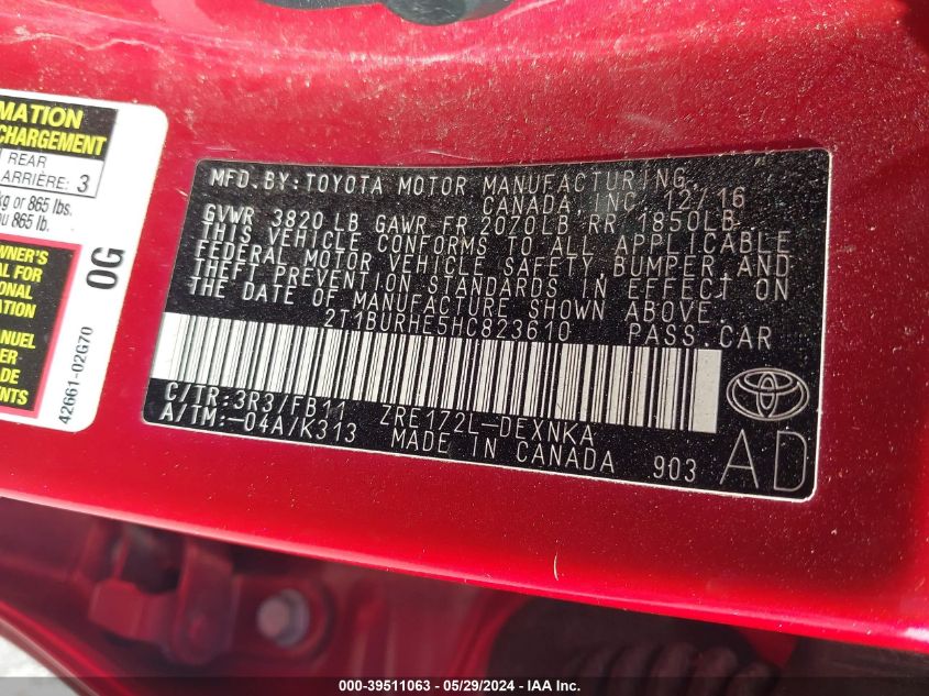 2017 Toyota Corolla Le VIN: 2T1BURHE5HC823610 Lot: 39511063