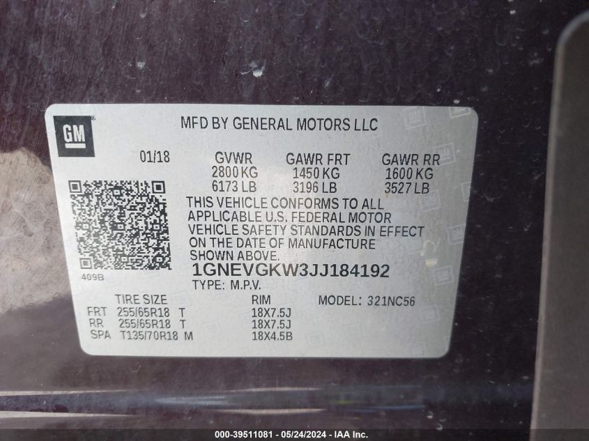 2018 Chevrolet Traverse 1Lt VIN: 1GNEVGKW3JJ184192 Lot: 39511081