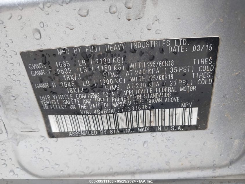 2015 Subaru Outback 2.5I Limited VIN: 4S4BSALC7F3316867 Lot: 39511103