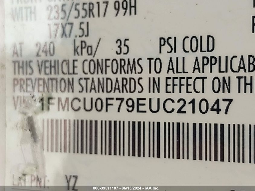 2014 Ford Escape S VIN: 1FMCU0F79EUC21047 Lot: 39511107