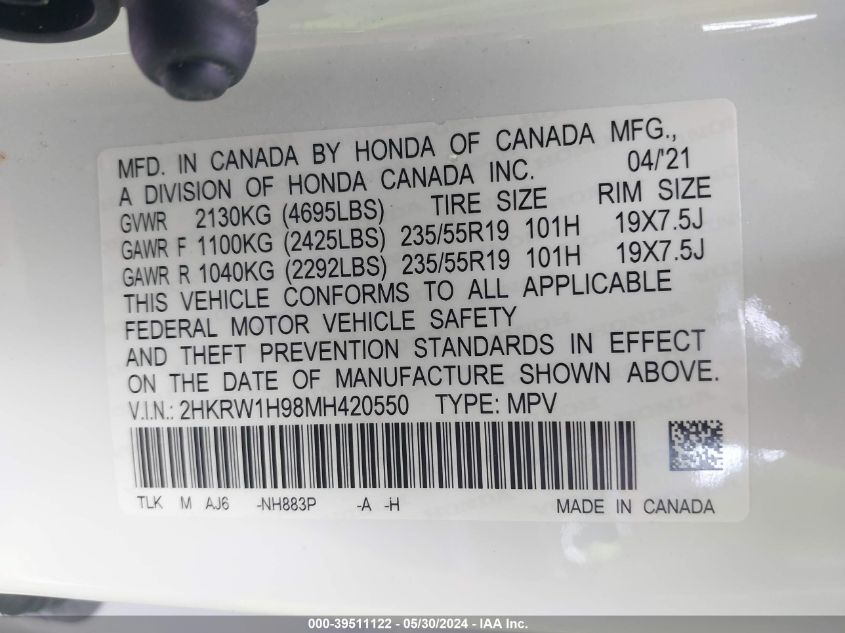 2021 Honda Cr-V 2Wd Touring VIN: 2HKRW1H98MH420550 Lot: 39511122