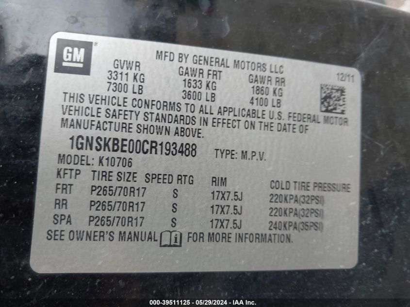 2012 Chevrolet Tahoe Lt VIN: 1GNSKBE00CR193488 Lot: 39511125