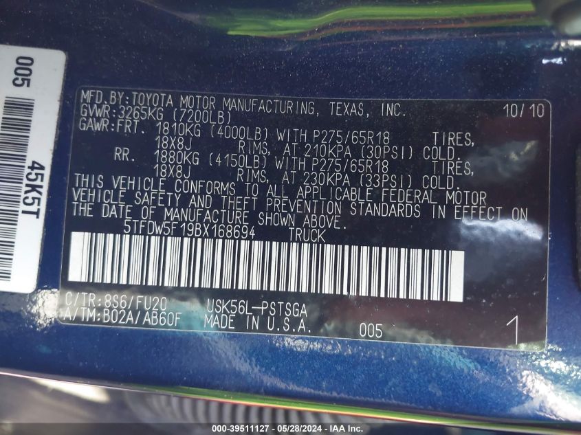 2011 Toyota Tundra Grade 5.7L V8 VIN: 5TFDW5F19BX168694 Lot: 39511127