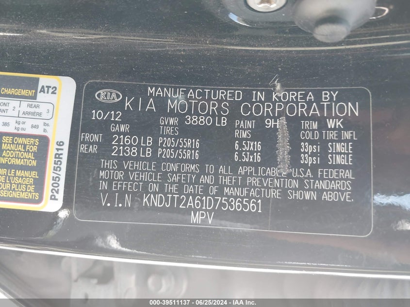 2013 Kia Soul +/!/Sport VIN: KNDJT2A61D7536561 Lot: 39511137